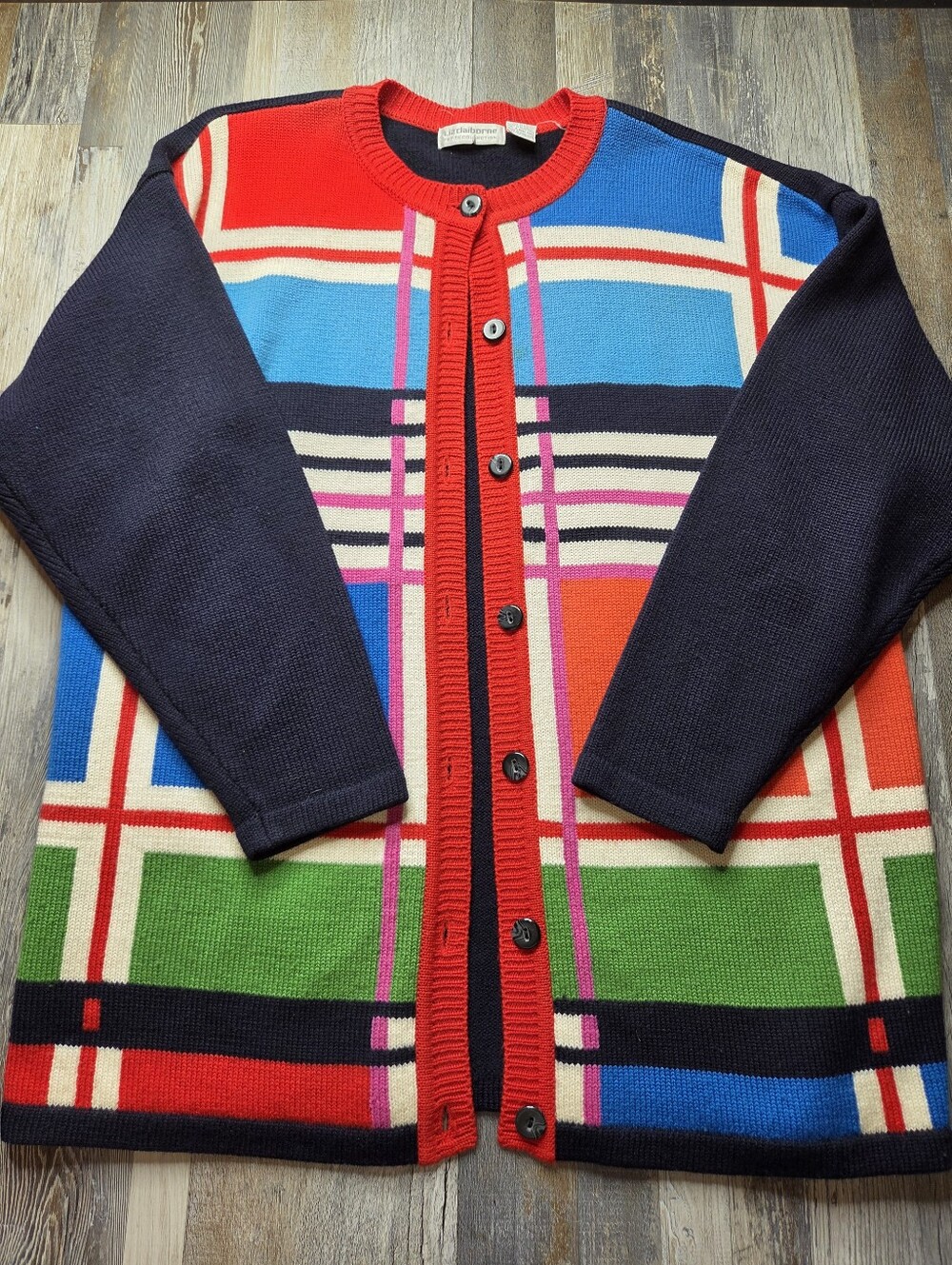 Vintage Liz Claiborne Petite Small Cardigan Sweater Colorblock Plaid Navy Red
